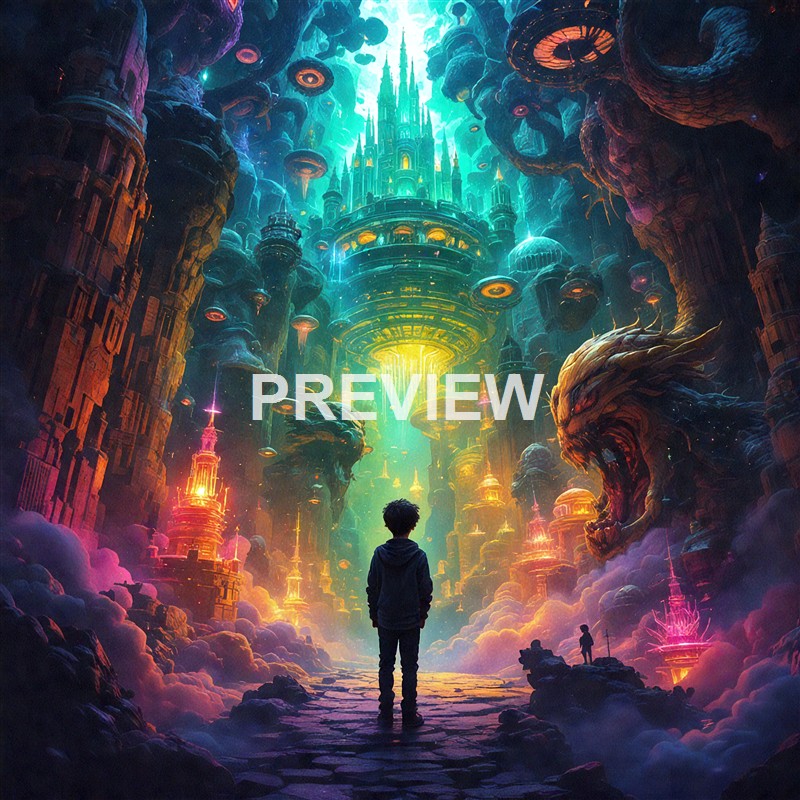 A young person stands on a stone path in a fantastical, illuminated city with towering, intricate structures, floating islands, and a fierce dragon head emerging from the clouds, all bathed in vibrant, glowing colors.